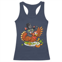 Funny Thanksgiving Cat Pilgrim Eat Turkey Racerback Tank Top - Wonder Print Shop