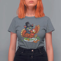 Funny Thanksgiving Cat Pilgrim Eat Turkey T Shirt For Women - Wonder Print Shop
