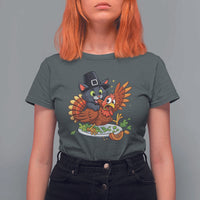 Funny Thanksgiving Cat Pilgrim Eat Turkey T Shirt For Women - Wonder Print Shop