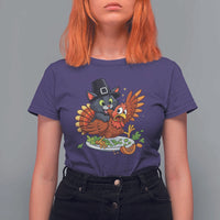 Funny Thanksgiving Cat Pilgrim Eat Turkey T Shirt For Women - Wonder Print Shop