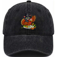 Funny Thanksgiving Cat Pilgrim Eat Turkey Washed Cotton Baseball Cap