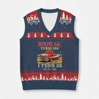 Route Highway 66 Turns 100 I Turn 35 V-Neck Knit Sweater Vest Vintage 1991 Road Sign 35th Birthday Muscle Car Lover Gift