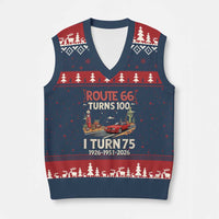 Route Highway 66 Turns 100 I Turn 75 V-Neck Knit Sweater Vest Vintage 1951 Road Sign Classic Muscle Car Lover 75th Birthday Gift