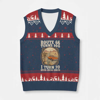 Route Highway 66 Turns 100 I Turn 70 V-Neck Knit Sweater Vest Vintage 1956 Road Sign Classic Pickup Truck Lover 70th Birthday Gift