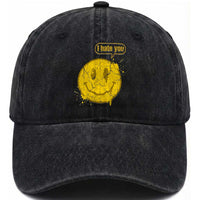 I Hate You Washed Cotton Baseball Cap Vintage Yellow Happy Smile Face