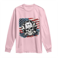 American Flag Skull Mechanic Long Sleeve Shirt Labor Day Patriotic USA - Wonder Print Shop