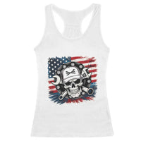 American Flag Skull Mechanic Racerback Tank Top Labor Day Patriotic USA - Wonder Print Shop