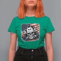 American Flag Skull Mechanic T Shirt For Women Labor Day Patriotic USA - Wonder Print Shop