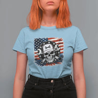 American Flag Skull Mechanic T Shirt For Women Labor Day Patriotic USA - Wonder Print Shop