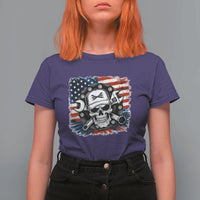 American Flag Skull Mechanic T Shirt For Women Labor Day Patriotic USA - Wonder Print Shop