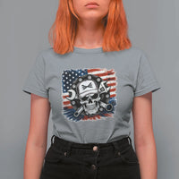 American Flag Skull Mechanic T Shirt For Women Labor Day Patriotic USA - Wonder Print Shop
