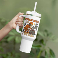 Funny Skeleton Electrician Tumbler With Handle Pullin Wire Til I Retire Labor Day