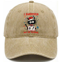 I Survived 67 Days Of School Cat Meme Washed Cotton Baseball Cap Funny Christmas Six Seven Meme