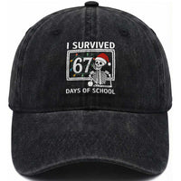 I Survived 67 Days Of School Skeleton Washed Cotton Baseball Cap Funny Christmas Six Seven Meme