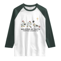 Funny Christian Goose Christmas Raglan Shirt Walking By Faith Tripping Constantly - Wonder Print Shop
