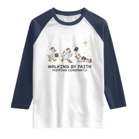 Funny Christian Goose Christmas Raglan Shirt Walking By Faith Tripping Constantly - Wonder Print Shop