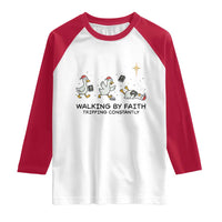 Funny Christian Goose Christmas Raglan Shirt Walking By Faith Tripping Constantly - Wonder Print Shop