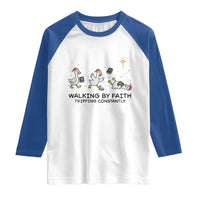 Funny Christian Goose Christmas Raglan Shirt Walking By Faith Tripping Constantly - Wonder Print Shop