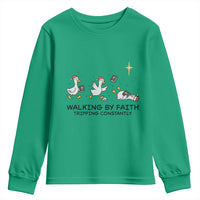 Funny Christian Goose Christmas Youth Sweatshirt Walking By Faith Tripping Constantly - Wonder Print Shop