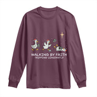 Christian Goose Christmas Long Sleeve Shirt Walking By Faith Tripping Constantly Funny Quote - Wonder Print Shop