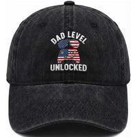 Dad Level Unlocked Washed Cotton Baseball Cap New Dad Gamer American Flag 4th of July