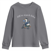 Off To Watch Fitba Youth Sweatshirt Funny Scottish Goose Riding Scooter Football Fan