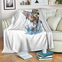 Vintage Cowboy Riding Rainbow Trout Throw Blanket Funny Fishing Western Rodeo