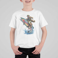 Vintage Cowboy Riding Rainbow Trout T Shirt For Kid Funny Fishing Western Rodeo