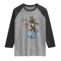 Vintage Cowboy Riding Rainbow Trout Raglan Shirt Funny Fishing Western Rodeo