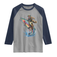 Vintage Cowboy Riding Rainbow Trout Raglan Shirt Funny Fishing Western Rodeo