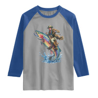 Vintage Cowboy Riding Rainbow Trout Raglan Shirt Funny Fishing Western Rodeo