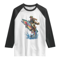 Vintage Cowboy Riding Rainbow Trout Raglan Shirt Funny Fishing Western Rodeo