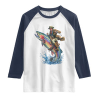 Vintage Cowboy Riding Rainbow Trout Raglan Shirt Funny Fishing Western Rodeo