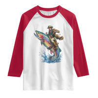 Vintage Cowboy Riding Rainbow Trout Raglan Shirt Funny Fishing Western Rodeo