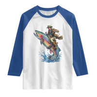 Vintage Cowboy Riding Rainbow Trout Raglan Shirt Funny Fishing Western Rodeo