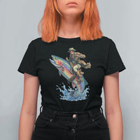 Vintage Cowboy Riding Rainbow Trout T Shirt For Women Funny Fishing Western Rodeo