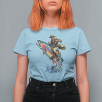 Vintage Cowboy Riding Rainbow Trout T Shirt For Women Funny Fishing Western Rodeo