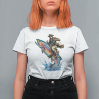 Vintage Cowboy Riding Rainbow Trout T Shirt For Women Funny Fishing Western Rodeo