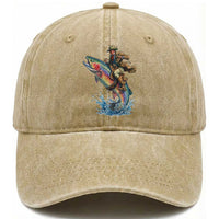 Vintage Cowboy Riding Rainbow Trout Washed Cotton Baseball Cap Funny Fishing Western Rodeo