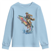 Vintage Cowboy Riding Rainbow Trout Youth Sweatshirt Funny Fishing Western Rodeo