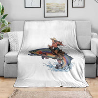 Vintage Cowgirl Riding Rainbow Trout Throw Blanket Funny Fishing Western Rodeo