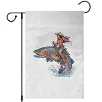Vintage Cowgirl Riding Rainbow Trout Garden Flag Funny Fishing Western Rodeo