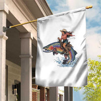 Vintage Cowgirl Riding Rainbow Trout Garden Flag Funny Fishing Western Rodeo
