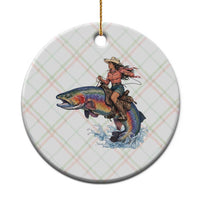 Vintage Cowgirl Riding Rainbow Trout Ceramic Ornament Funny Fishing Western Rodeo