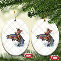 Vintage Cowgirl Riding Rainbow Trout Ceramic Ornament Funny Fishing Western Rodeo