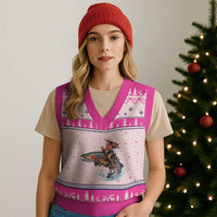 Vintage Cowgirl Riding Rainbow Trout V-Neck Knit Sweater Vest Funny Fishing Western Rodeo