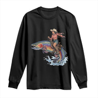 Vintage Cowgirl Riding Rainbow Trout Long Sleeve Shirt Funny Fishing Western Rodeo