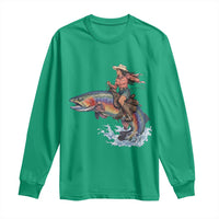 Vintage Cowgirl Riding Rainbow Trout Long Sleeve Shirt Funny Fishing Western Rodeo