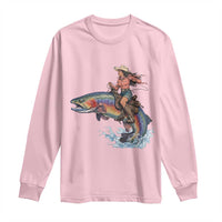 Vintage Cowgirl Riding Rainbow Trout Long Sleeve Shirt Funny Fishing Western Rodeo
