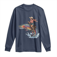 Vintage Cowgirl Riding Rainbow Trout Long Sleeve Shirt Funny Fishing Western Rodeo